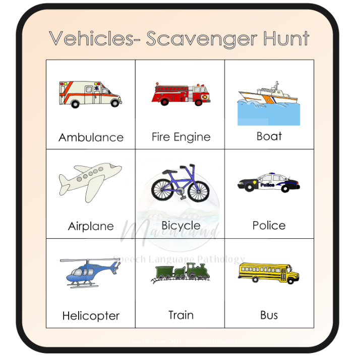vehicle scavenger hunt playing card